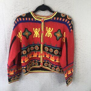 ABINI Cardigan Sweater Women S Multicolor Ramie Cotton Geometric Boho Artsy Mod